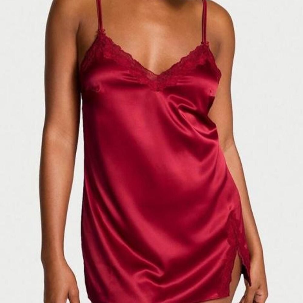 Victoria’s Secret Satin Lace Trim Slip Dress Burgundy | Size S